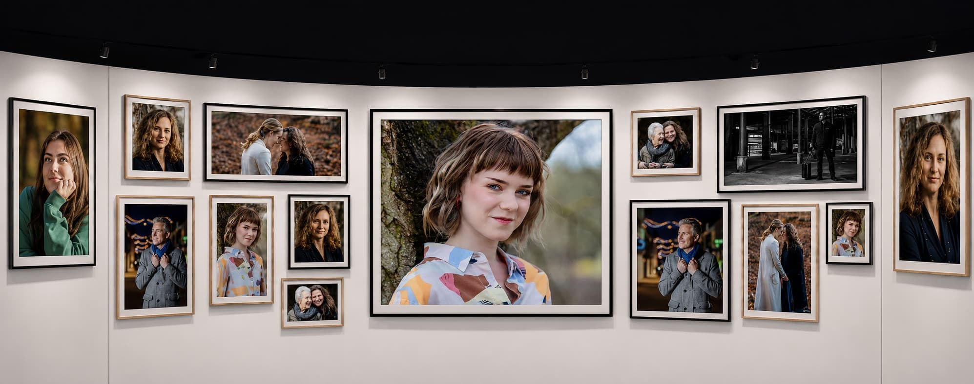 Galeriewand met ingelijst werk van Ted Walker: portretten en familieshoots